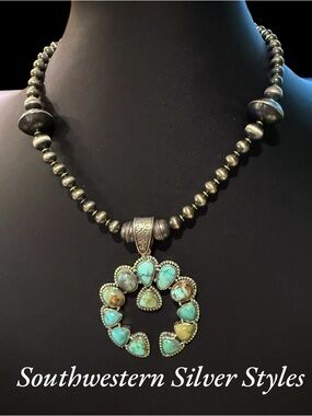 Sterling Silver Navajo Pearls Turquoise Squash Blossom Naja Pendant Necklace